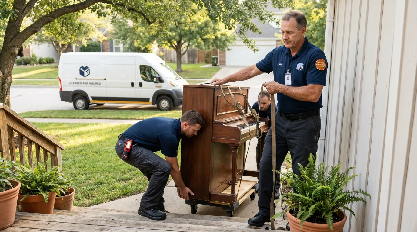 Licensed piano movers securing grand piano in Kent City, MI