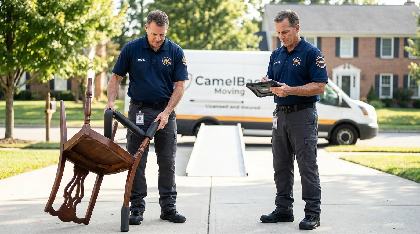 Movers inspecting furniture for damage prevention before loading in Kent City, MI