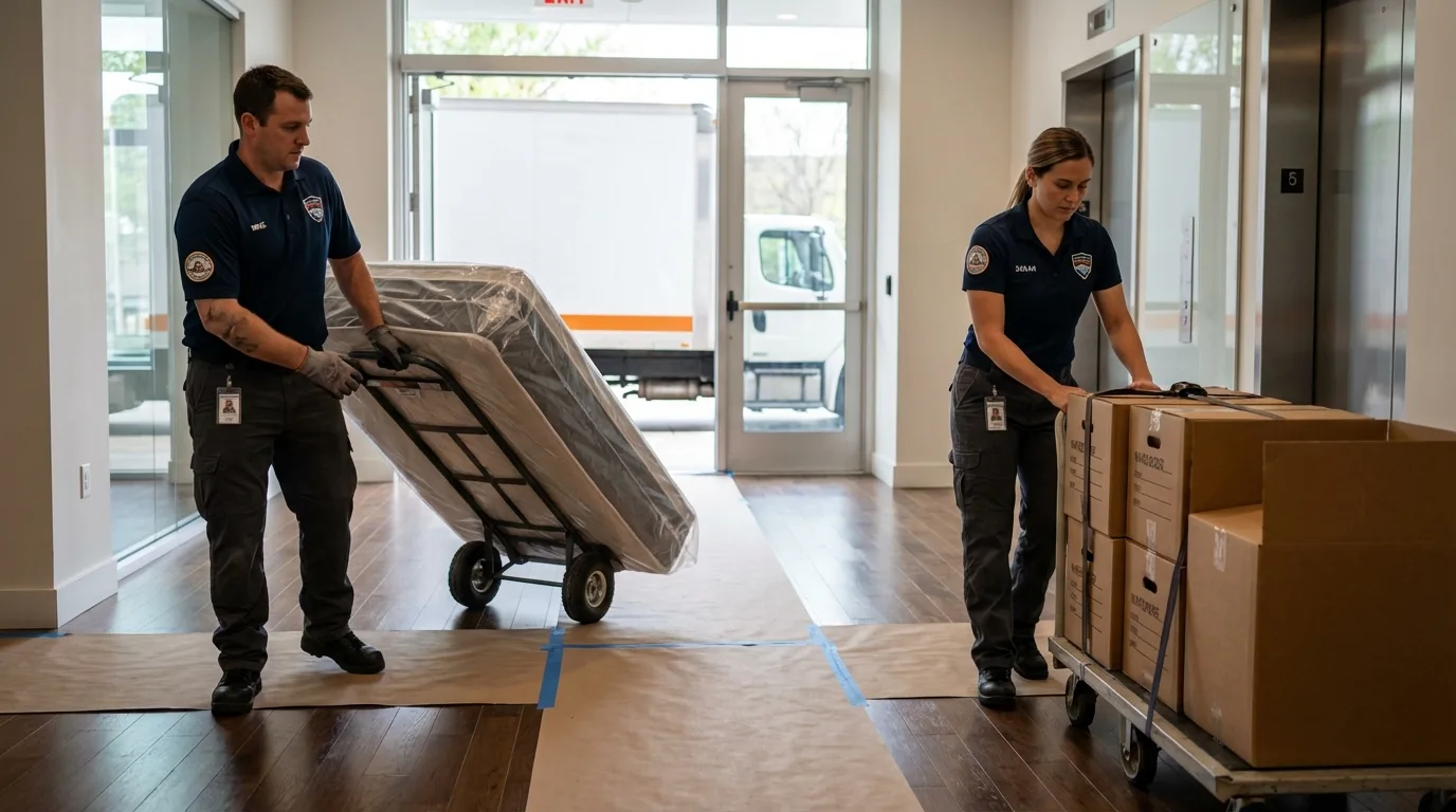 Professional apartment movers loading elevator in Kent City, MI