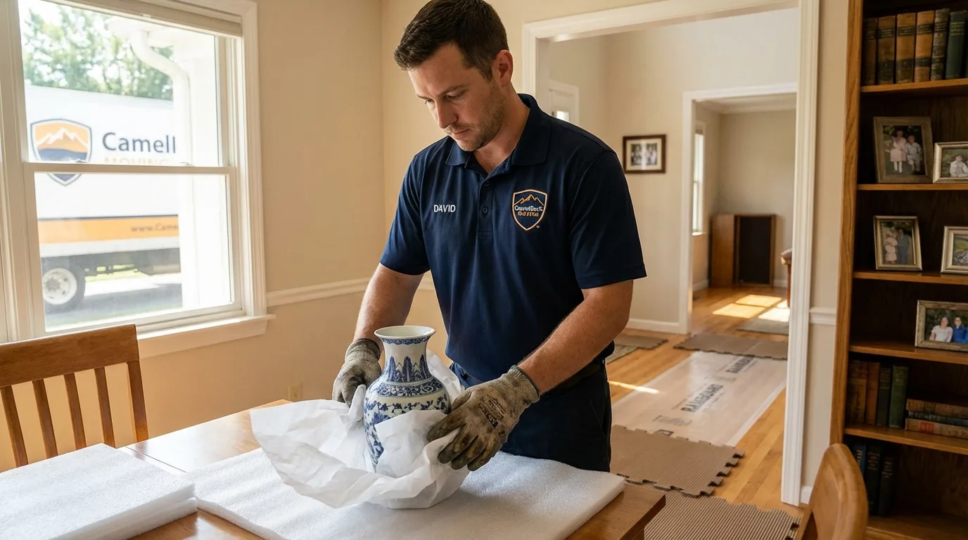 Professional crew carefully wrapping antique vase for senior downsizing move in Kent City, MI