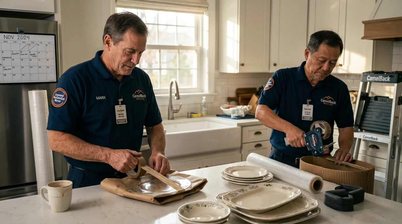 Professional crew packing kitchen dishware in Kent City, MI